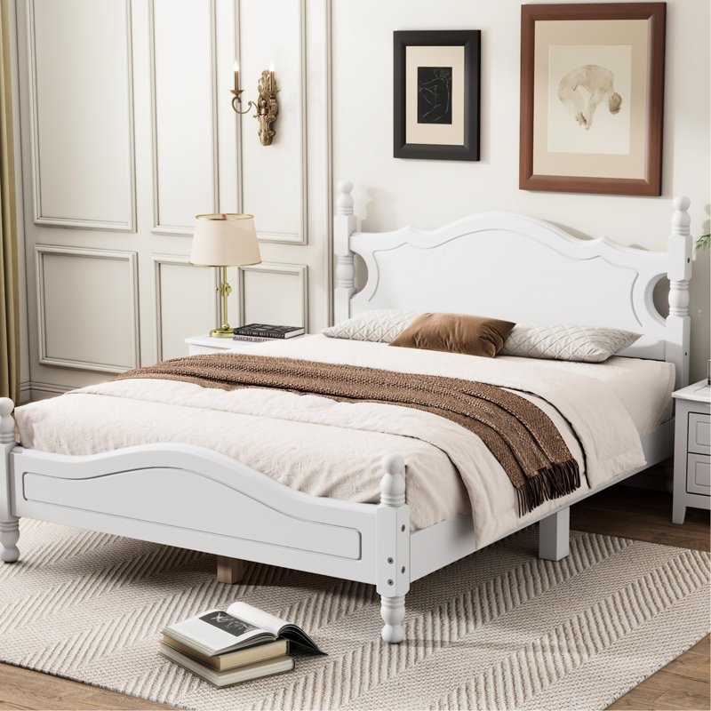 White Wood Platform Bed With Retro Pattern And Strong Slat Support Elegant Full Size Elements Solid Wooden