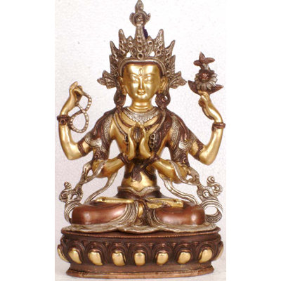 13" Chenrezig Four-Armed Avalokiteshvara Brass Statue – Handmade Tibetan Buddhist Deity Sculpture for Meditation & Spiritual Décor