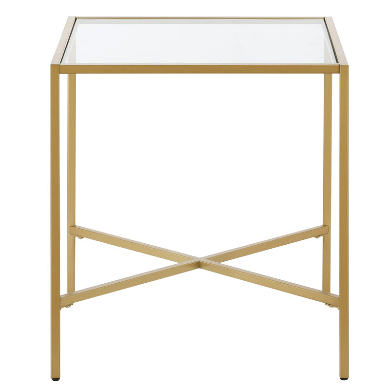 Glass Top Cross Legs End Table, Brass