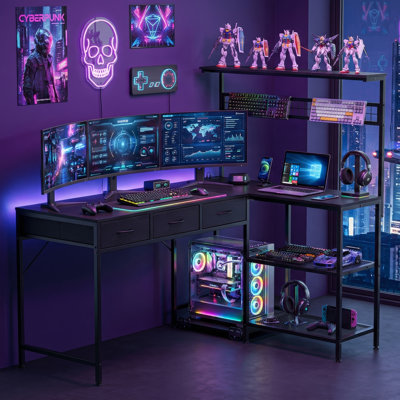 50.4" l-Shaped Gaming Desk, Reversible Corner Computer Desk with LED Lights