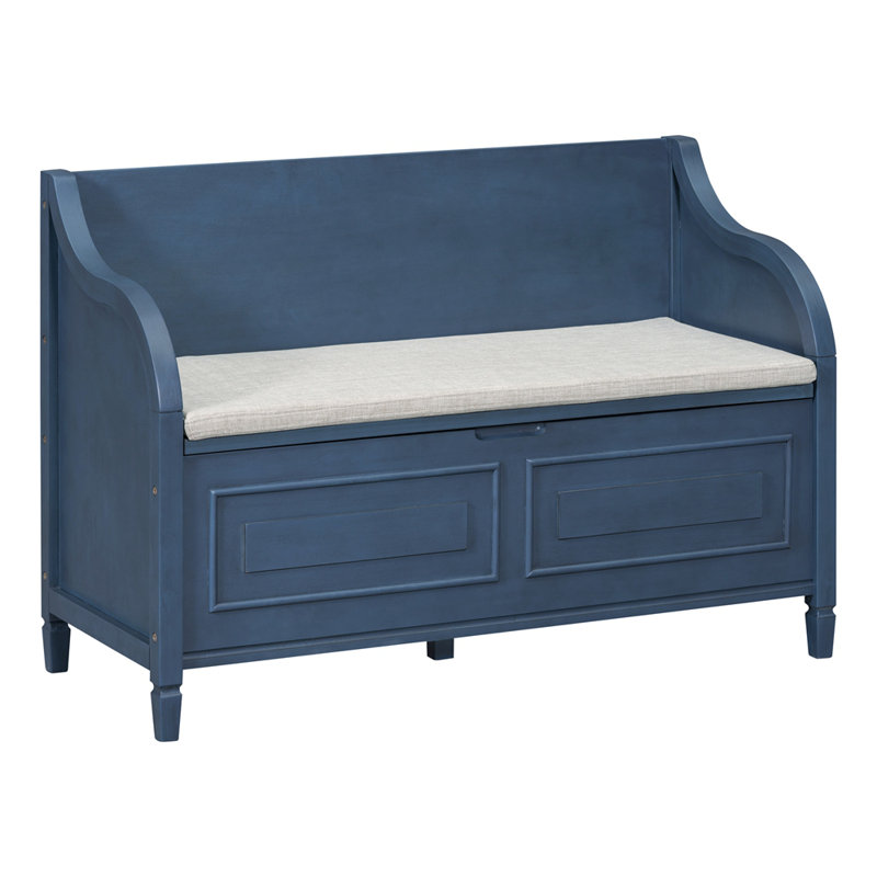 Banc de rangement rustique en bois massif avec charnière de sécurité et coussin beige, Marine
