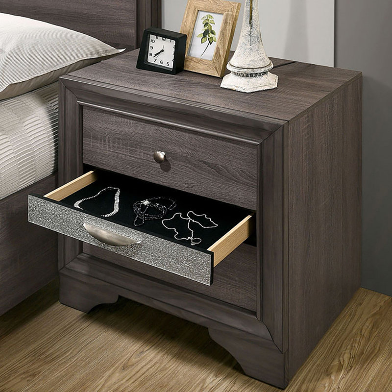 Table de chevet 3 tiroirs en bois gris avec poignées en nickel - Boîte de rangement dissimulée pour chambre à coucher