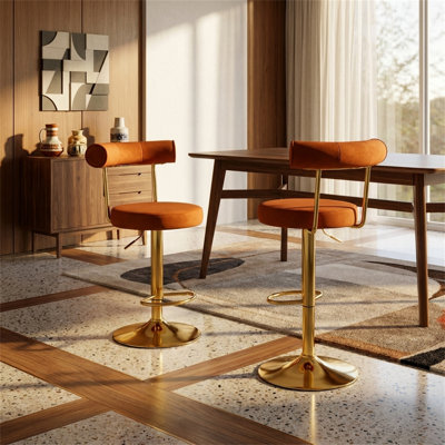 Tabourets de bar (ensemble de 2), revêtus de suède doux avec pieds en métal, pivotants, réglables en hauteur, style Mid-Century moderne, orange et or
