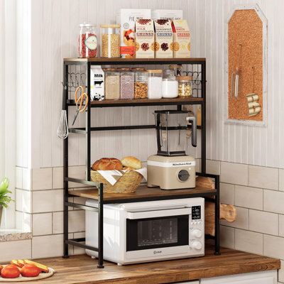 Microwave Oven Rack Kitchen Countertop Organizer Stand Spice Rack With Adjustable Shelf And 10 Hooks,Wooden Counter Organizer Stand With Cutting Board Holder, Brown
