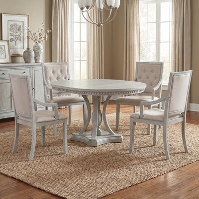 Retro 5-Piece Extendable Dining Set with Round Table & 4 Chairs, Corbel Base & Fluted Edge Detailing – Farmhouse Dining Set for Kitchen and Dining Room