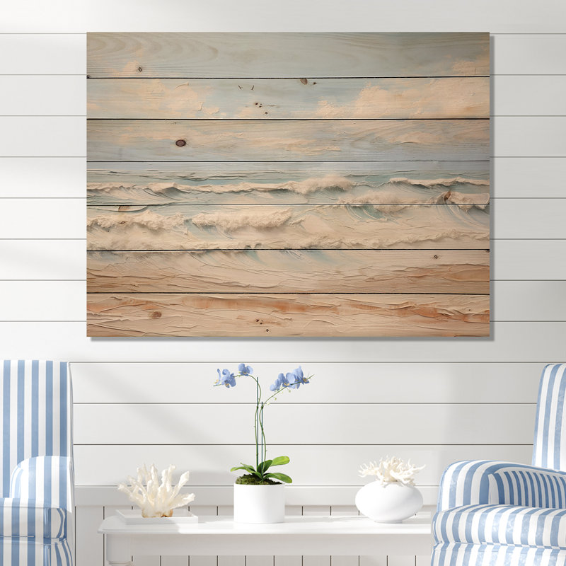Modern Coastal Beige And Blue Beach - Coastal Ocean Wood Wall Art On Natural Pine Wood, 30" H x 40" W