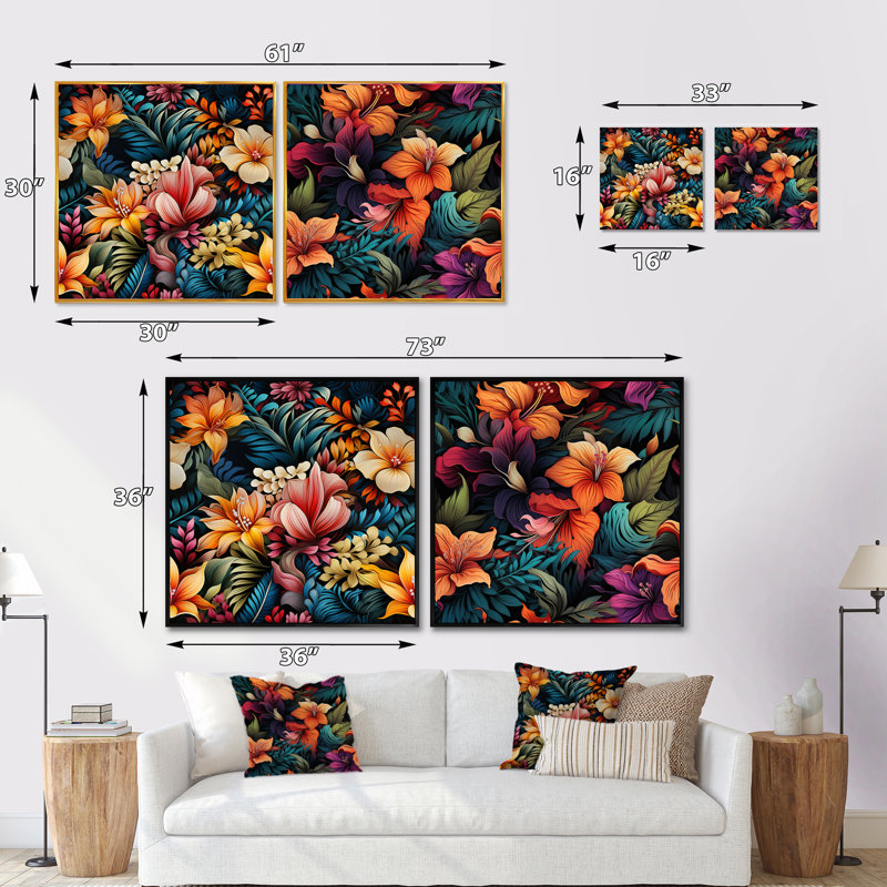 Oasis d'hibiscus exotique en pleine floraison I - ensemble de 2 collages floraux carrés, Cadre flottant noir
