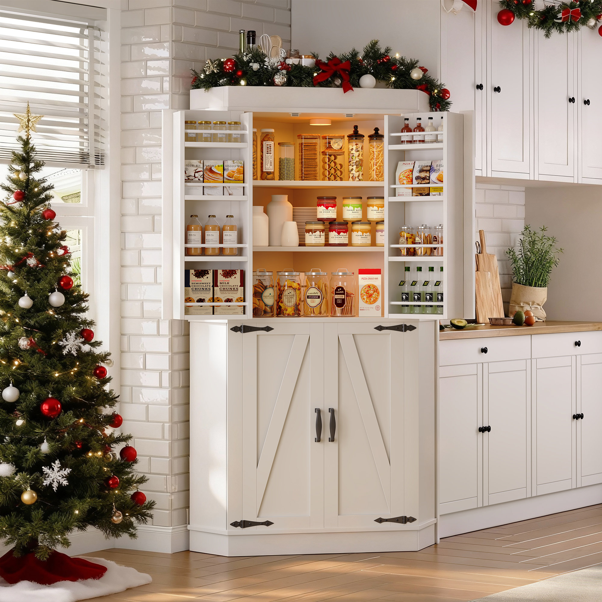 Gracie Oaks 71" Brown Corner Pantry | Farmhouse Style, 4-Door Kitchen Storage & Reviews | Wayfair