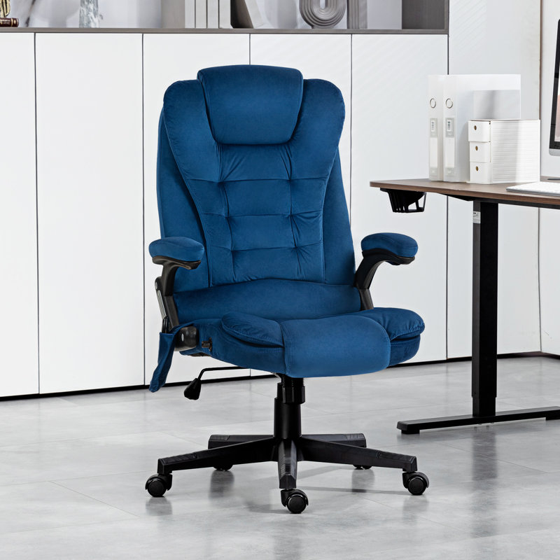 6 Point Vibrating Massage Office Chair with Heat, Velvet High Back Executive Office Chair with Reclining Backrest, Armrests, Drak Blue