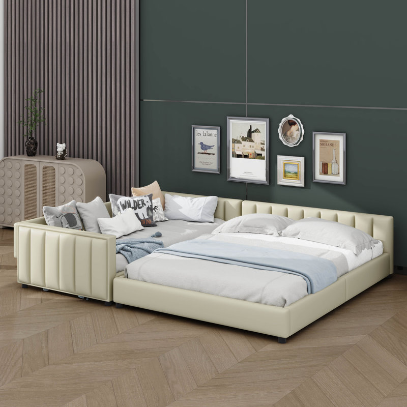 Lit plateforme tapissier grand et simple TG, Beige