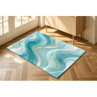 Tapis à motif abstrait de vagues océaniques, tourbillons bleus, verts et dorés, style artistique, antidérapant, idéal pour le salon, la chambre, l'entrée, la cuisine, le balcon ou un appartement.