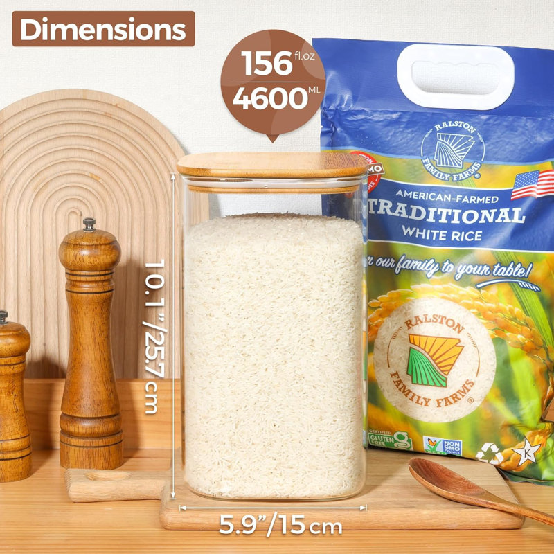 156 contenants en verre pour aliments 156 oz, 1 gallon de farine et des contenants de sucre avec couvercles hermétiques, grands pots en verre carrés avec couvercles en bambou