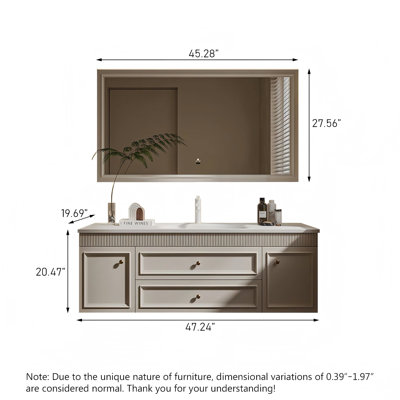 Meuble-lavabo de salle de bain moderne et minimaliste, lavabo intégré en pierre frittée cintrée à chaud, 2 tiroirs et 2 portes avec miroir intelligent