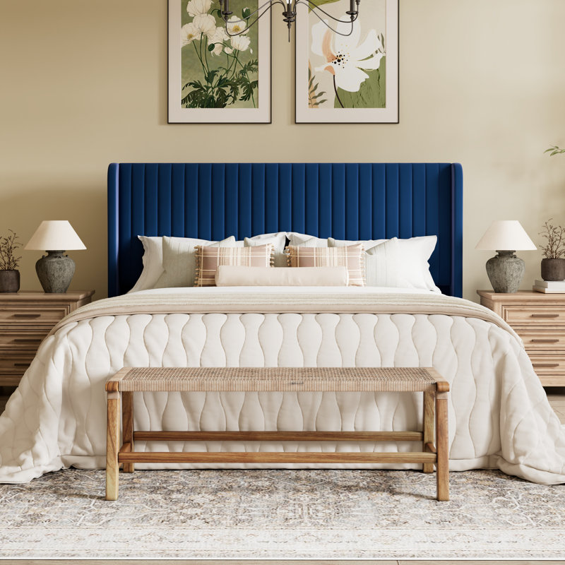 Candler Velvet Upholstered Platform Bed with Wingback Headboard and Wooden Slats, Navy Blue, King