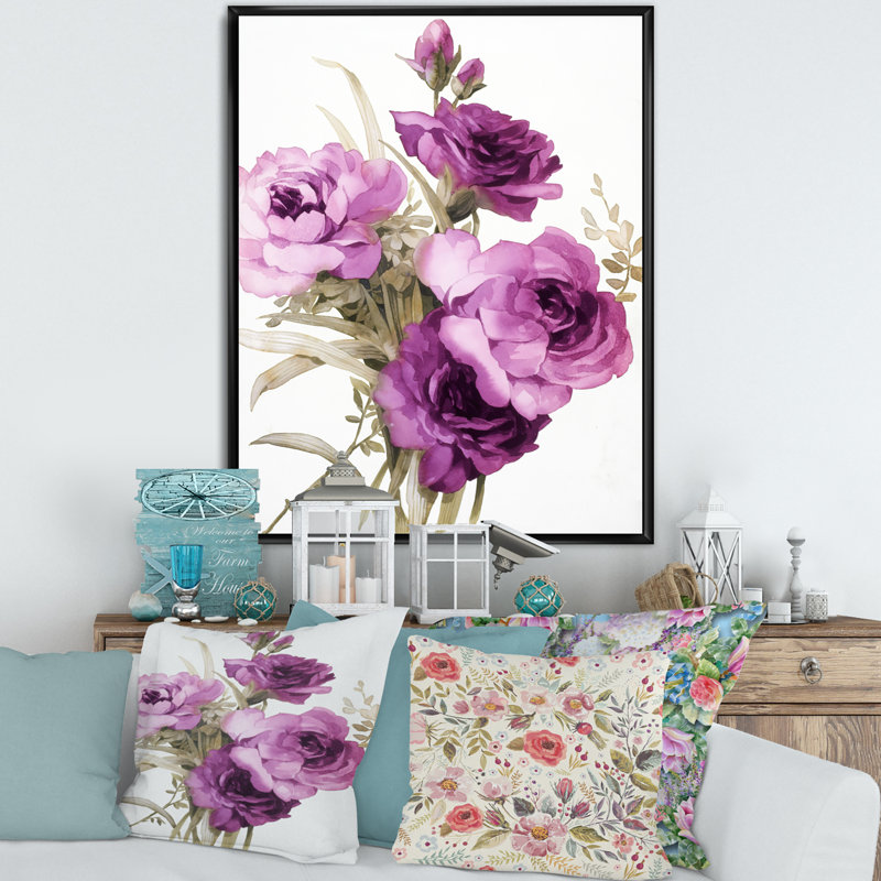 Dark Pink Roses - peinture sur toile, H 32 po x l 24 po x P 1 po, Cadre flottant noir