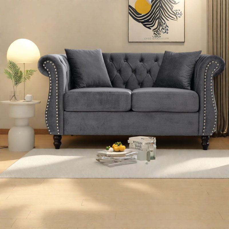 Canapé à compression, causeuse Chesterfield en velours gris pour maison compacte