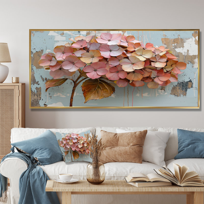 Jacquard vibrant jardin d'hortensias II - hydrangées, art mural sur toile, H 30 po x l 40 po, Impression sur cadre flottant