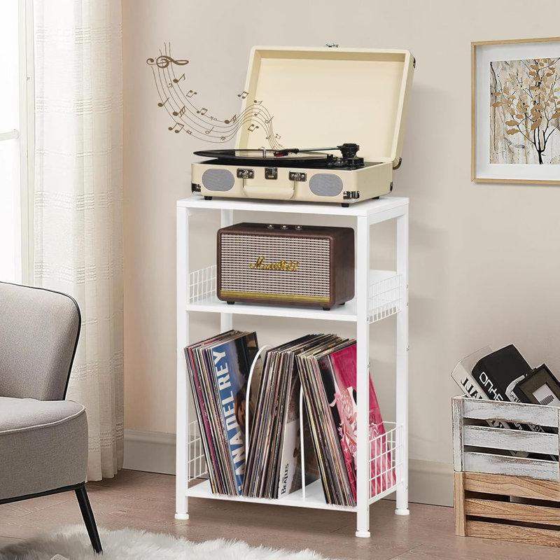 3-Tier Printer Stand With Vinyl Storage Shelf, Multi-Functional Side Table For Record Player, Office Equipment, And Books, Sturdy Metal Frame And Wooden Boards, Space-Saving Design