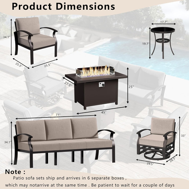 Ilonka 10-Person Outdoor Patio  Furniture Aluminum Conversation Set Swivel&Glider Armchair With LP Fire Pit Table, Tan