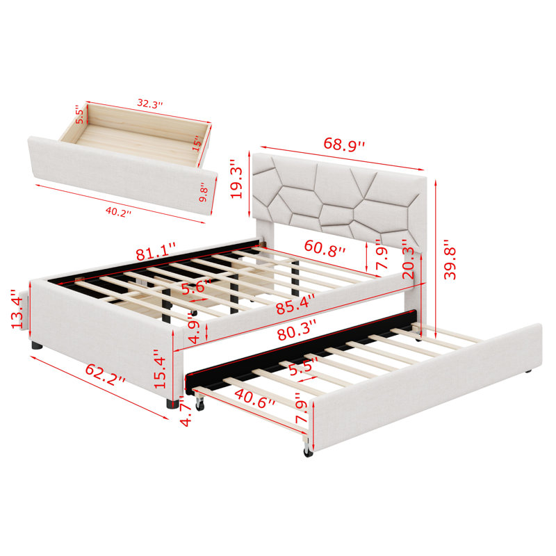 Lit plateforme tapissier avec rangement Stephenia, Grand, Beige