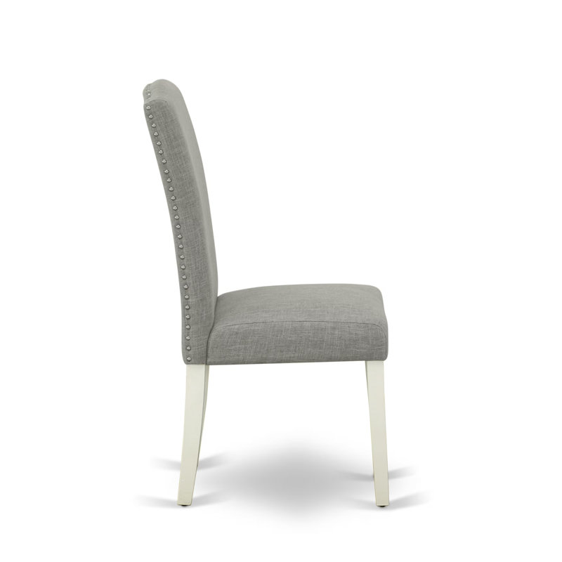 Ensemble de salle à manger 3 pièces comprenant une table de cuisine ronde avec pied central et 2 chaises de salle à manger Parson en lin Shitake foncé, 107 x 107 cm, blanc lin
