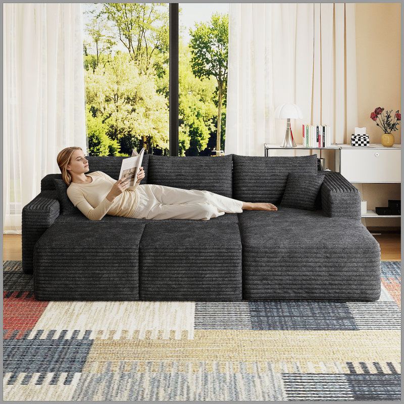 Canapé modulaire 95 po avec 2 repose-pieds Cloud, coussins rembourrés minimalistes modernes, canapé en U confortable pour le salon, canapé d'angle à assise profonde, aucun assemblage requis, noir (tissu en velours côtelé moelleux)