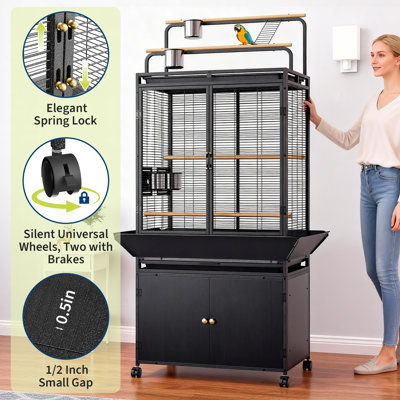Cage à oiseaux 71 "avec plateau de jeu et armoire de rangement, grande volière avec roulettes pour perroquets, cockatiels et perruches, finition noire