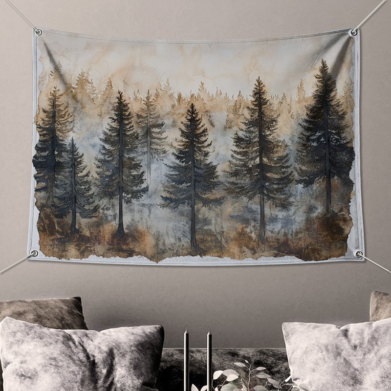 Misty Forest Landscape Wall Tapestry - Forest Wall Decor, 68in H x80in W with 4 Grommets