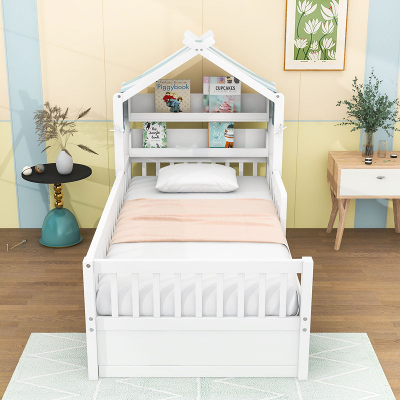 Wood House Bed with Storage Headboard, Twin, White