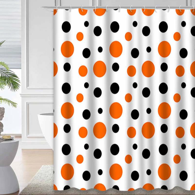 Rideau de douche orange à pois moderne blanc avec 12 crochets, L 72 po x l 78 po