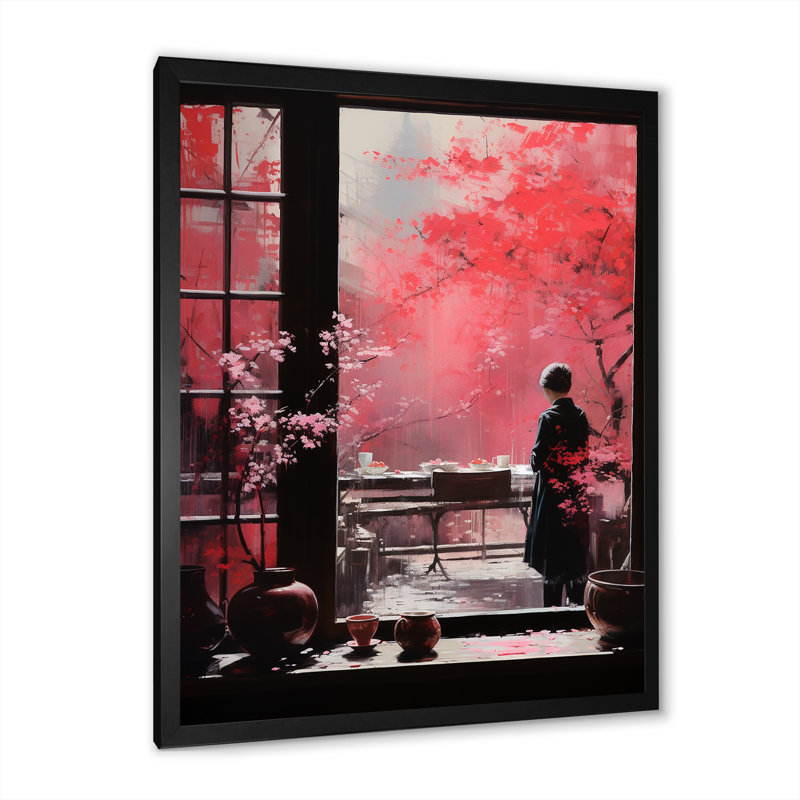 Rose, Japon, fenêtre, vue, femme, art mural, Cadre photo noir simple, H 32 po x l 16 po x P 1 po