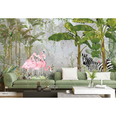Papier peint exotique jungle tropicale, flamants roses et zèbre