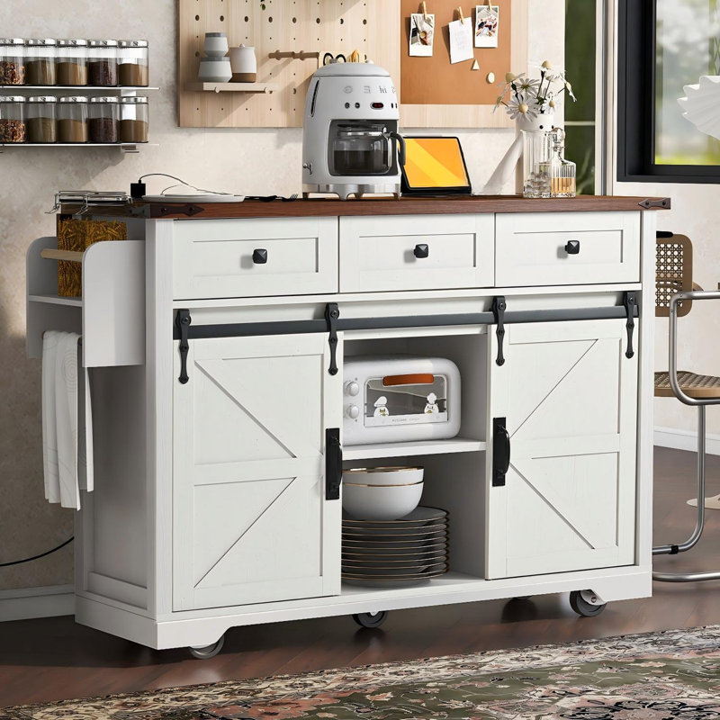 53.7-Inch Farmhouse Island Table With Power Outlet, Foldable Tabletop + Spice Rack, White Portable Model.