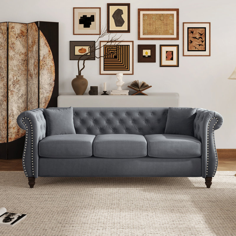 Chesterfield Velvet Sofa With Tufted Back, Rolled Arms & Nailhead Trim, Upholstered Couch For Living Room, Gray, 3