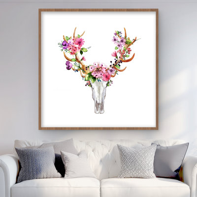 Crâne de cerf rustique avec fleurs - reproduction d'art encadrée