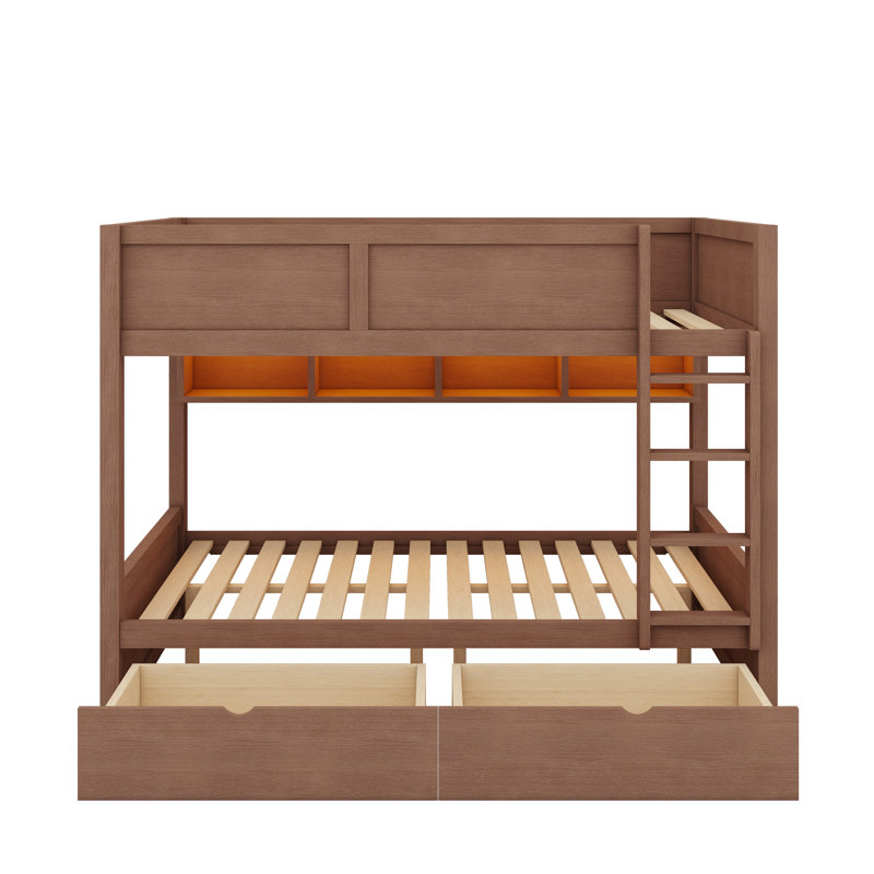Bunk Bed With Drawers, Wood Bunk Bed With Storage Cabinets And LED Lights, Brown