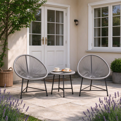 3 Pieces Rattan Bistro Set, Garden Bistro Set with Acapulco Chairs and Glass Top Table, Small Garden Furniture Set with Reinforced Metal Frame for Outdoor, Patio, Balcony, Grey