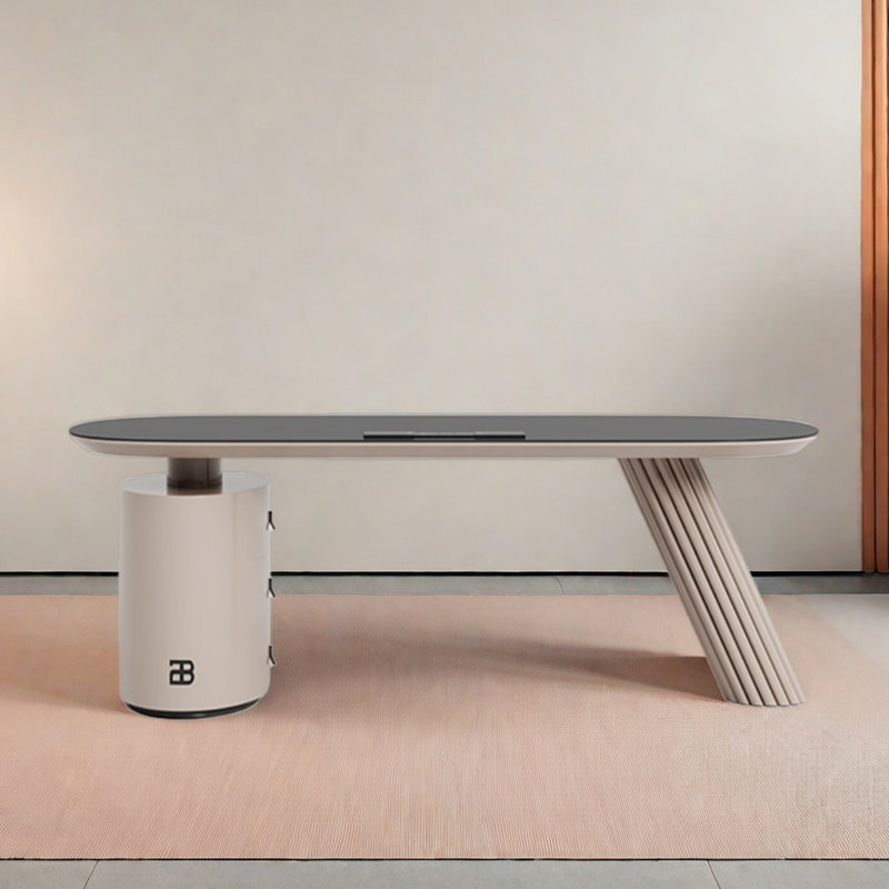 Bureau en granite avec bureau simple, Crème, crème, H 29,53 po x l 62,99 po x P 27,56 po