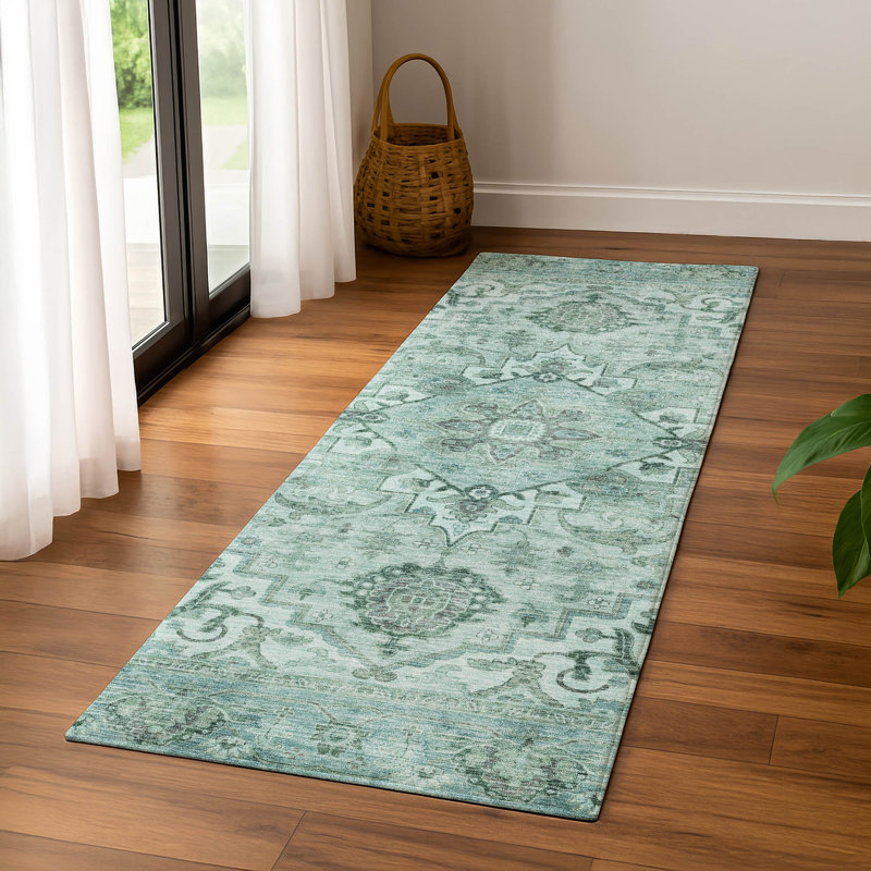 Premium Machine Washable Mayfield AMF2164 global Rug, Runner 2'3" x 7'6", Teal