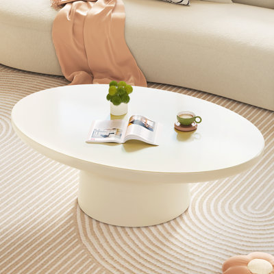 Guyii Cream White Pedestal Oval Coffee Table, Low Coffee Table for Small Spaces