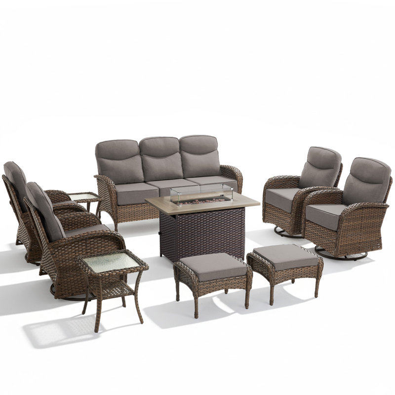 Ensemble de conversation d'extérieur en osier pour 9 personnes avec coussins de 6 po, table de propane de 55 000 BTU, Grey