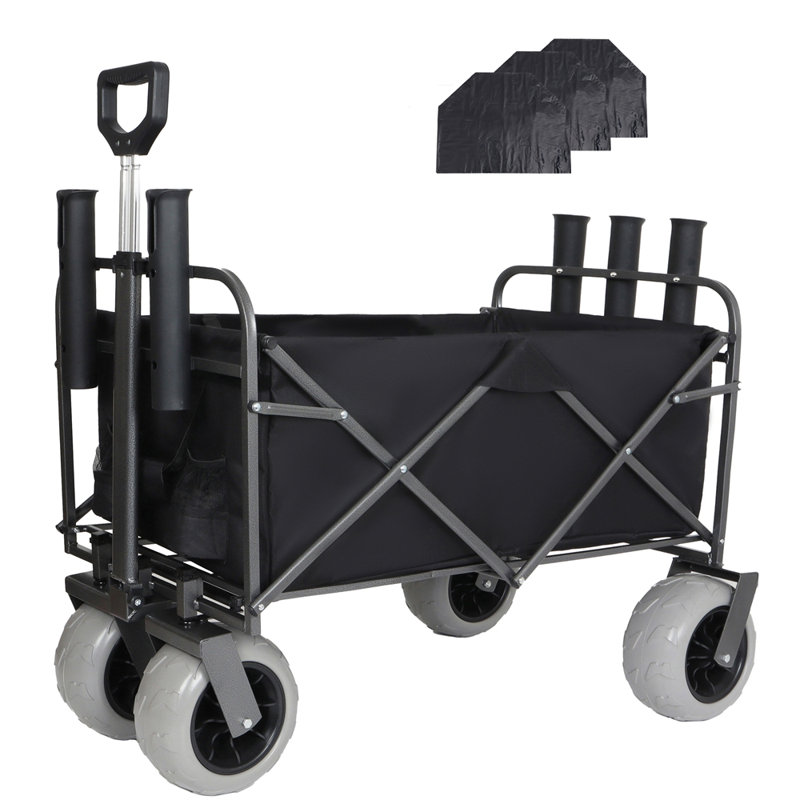Fishing Cart with Rod Holders,Beach Wagon with Big Wheels for Sand 500lbs Capacity - All Terrain Steel Frame Utility Cart with 9" Pneumatic Tires,Strap with multiuse Bag,Black