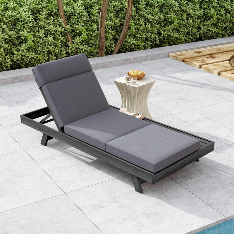Lounge Chaise Set With Headrest, Space Available On One Side, Acacia Wood In Black With Water-Resistant Lounge Cushions (3-Fold & 4 Inch)