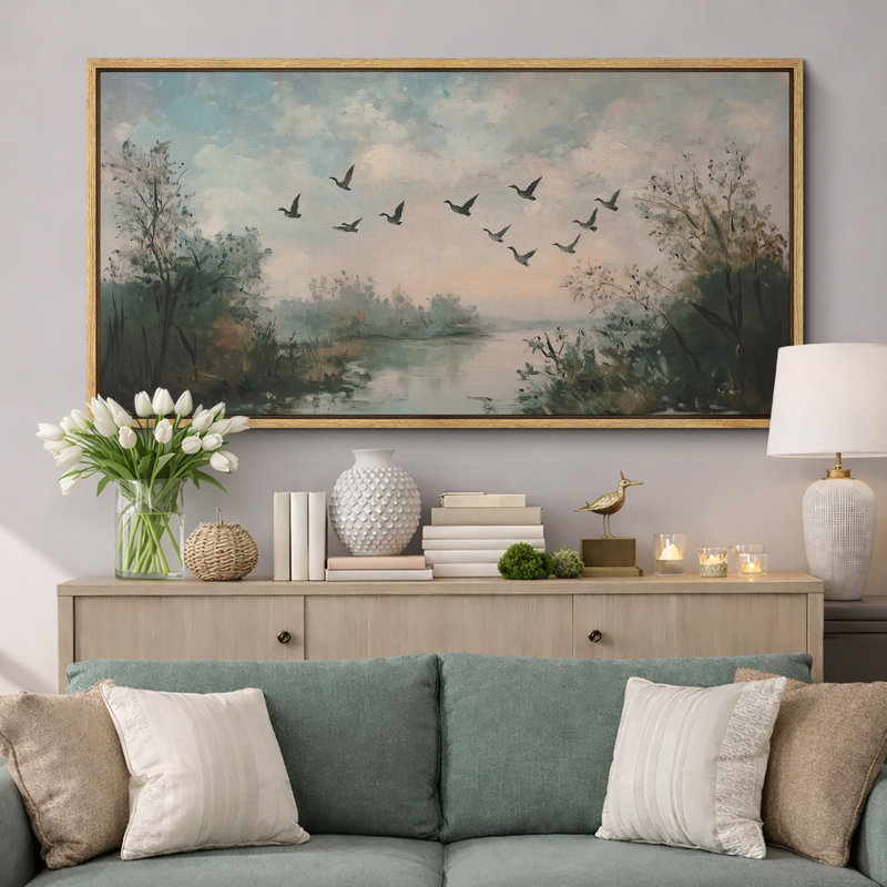 Oie sauvage volant au-dessus de la rivière, paysage rustique, photos murales, impression numérique sur toile giclée sur toile