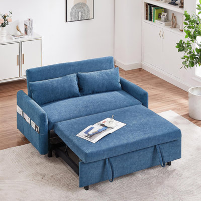 55.1" Pull Out Sleep Sofa Bed Loveseats Sofa Couch With Adjsutable Backrest, Storage Pockets, 2 Soft Pillows, USB Ports For Living Room, Bedroom, Apartment, Office, Blue (Old SKU: WF315689AAC)