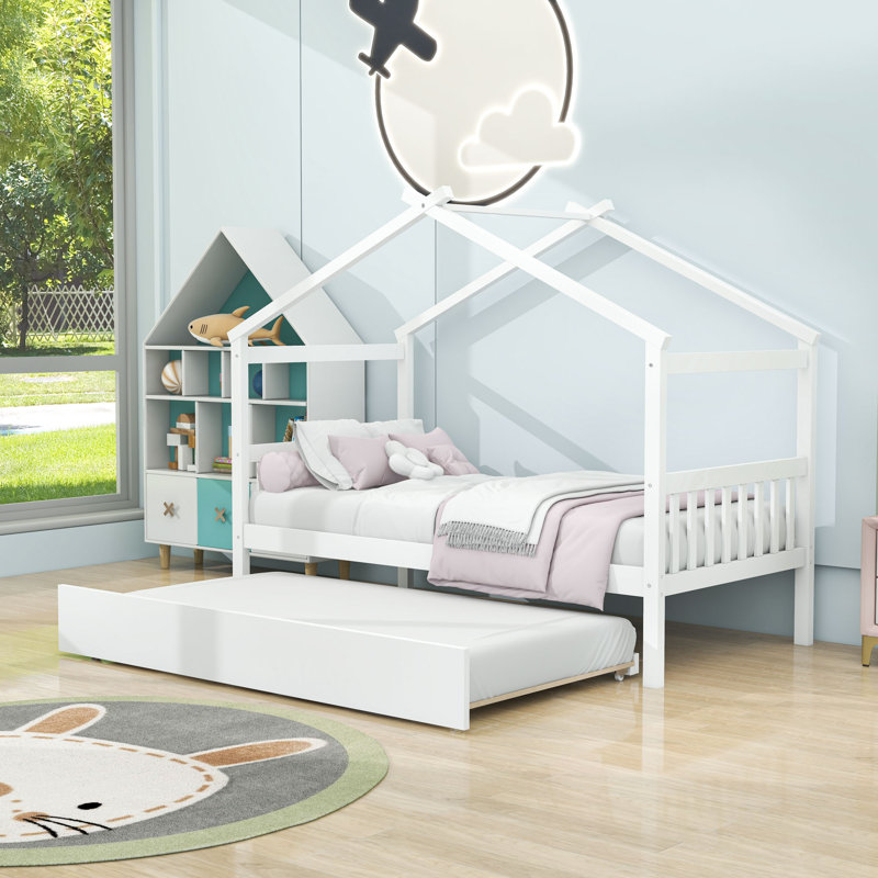 Wood House Bed With Pull-Out Twin Trundle, Twin, White