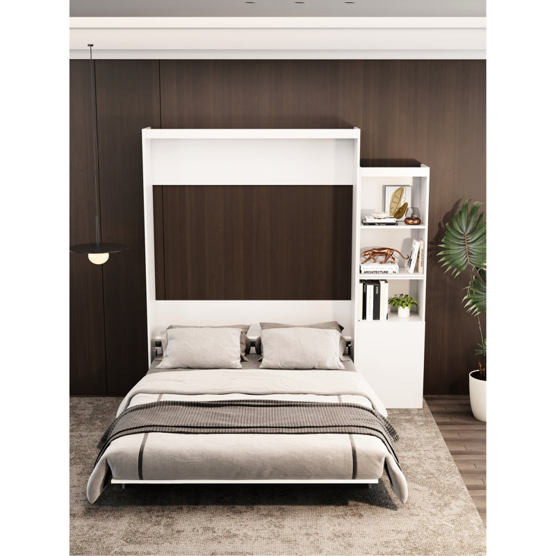 Lit pour chambre à coucher - Grand lit, moderne, peu encombrant avec table, tablette blanche et cadre
