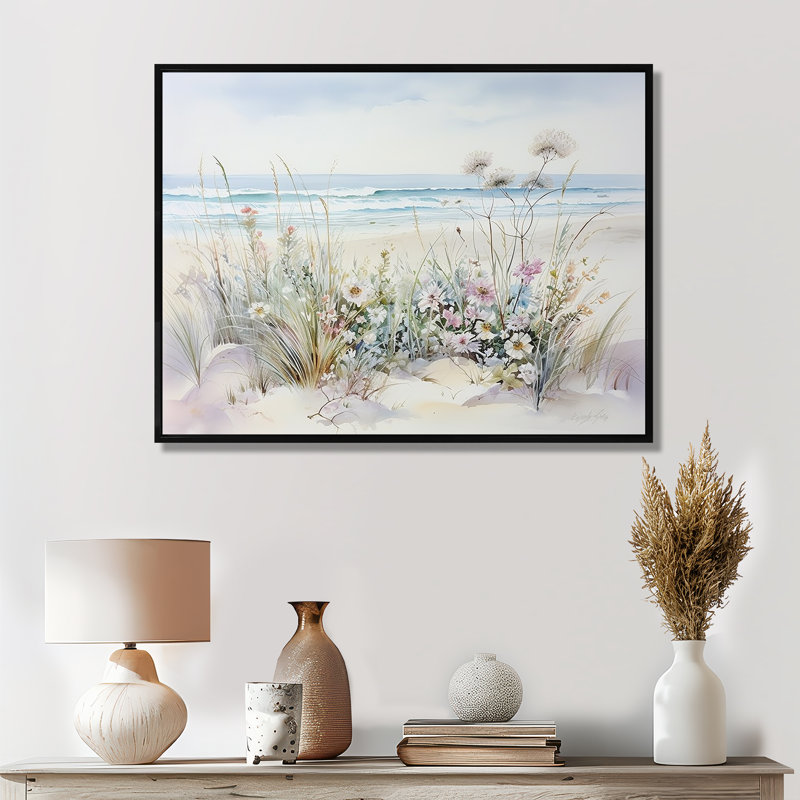 Fleurs sauvages sur la plage - Art mural fleurs sauvages, H 24 po x l 32 po, Reproduction avec cadre flottant, Noir