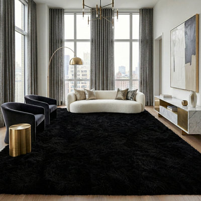 Large Shag Area Rug For Living Room, 10x14ft Soft Fluffy Rug For Bedroom, Upgrade Non Slip Backing, Spring Home Decor Aesthetic Carpet, Ideal For High Traffic Areas Indoor, Black