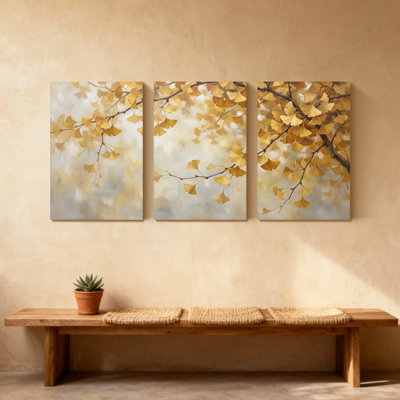 Plantes et fleurs, feuilles de ginkgo doré, branches d'automne, ensemble de 3 impressions sur toile